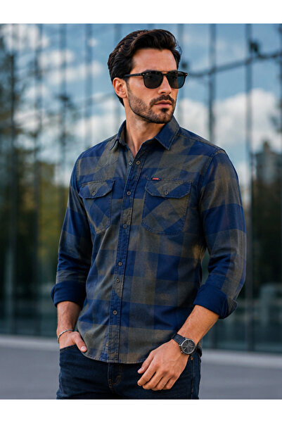 FSR FUSARO %100 Pamuk Denim Ekose Slim Fit Çift Cepli Uzun Kollu Erkek Gömlek