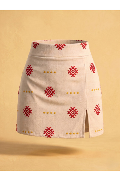 SLAW REZZ Women's Cream Ethnic Embroidered Linen Zipper Mini Shorts Skirt wit...