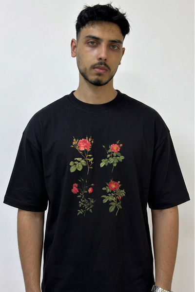 Anetos Botanical Gul Design Printed Oversize Black T-Shirt