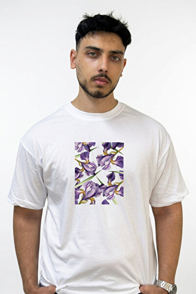 Anetos Purple Iris Design Printed Oversize White T-Shirt