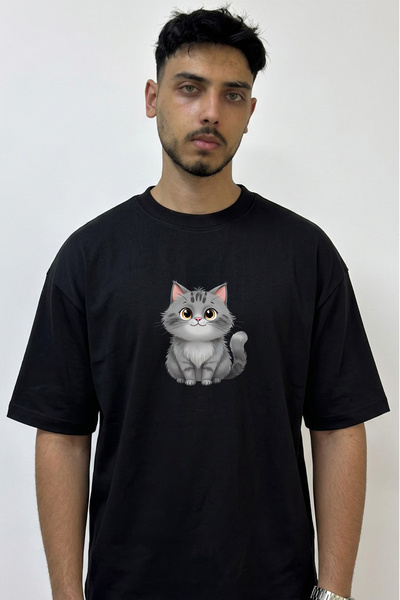 Anetos Cartoon Cat_5 Design Printed Oversize Black T-Shirt