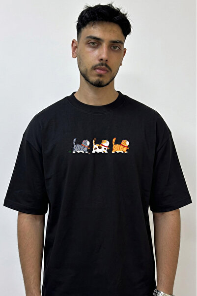 Anetos Cartoon Cats_1 Design Printed Oversize Black T-Shirt