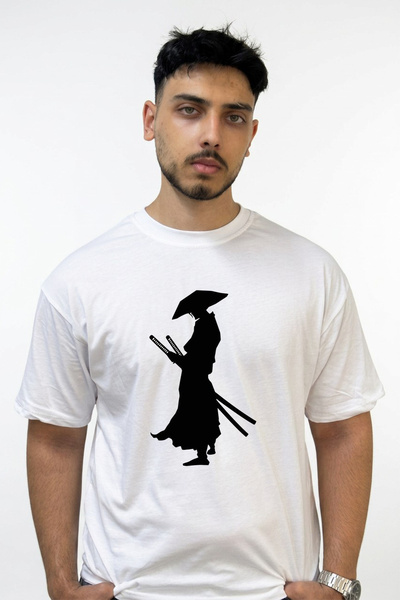 Anetos Samurai Katana Design Printed Oversize White T-Shirt
