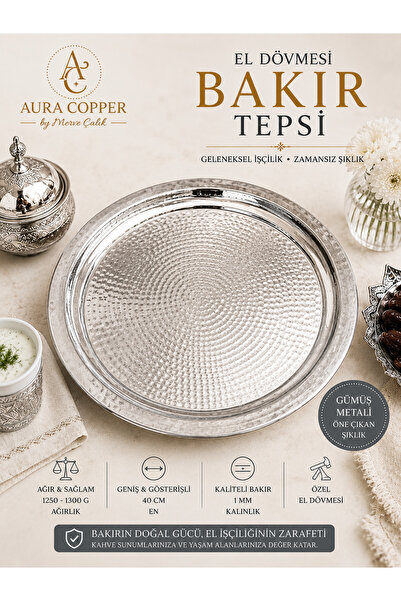 AURA COPPER صينية تقديم نحاسية مزخرفة يدوية الصنع - صينية تقديم وديكور فضية ا...