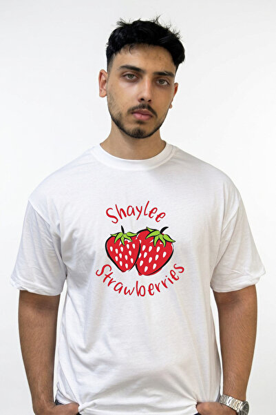 Anetos Strawberries Design Printed Oversize White T-Shirt