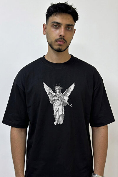 Anetos Liberty Angel Gun Design Printed Oversize Black T-Shirt