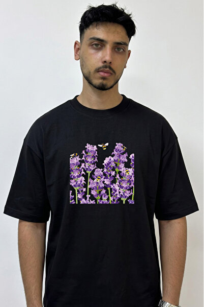 Anetos Lavender Bees Design Printed Oversize Black T-Shirt