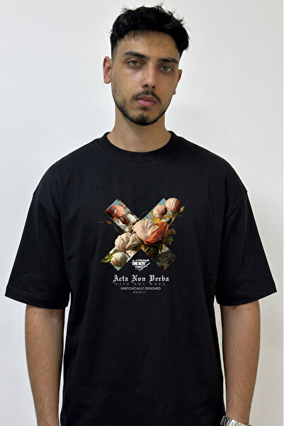 Anetos Floral X Design Printed Oversize Black T-Shirt