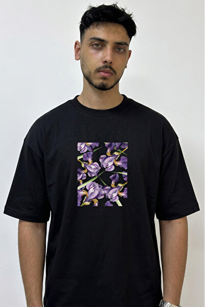 Anetos Μαύρο μπλουζάκι με σχέδιο Purple Iris Design, με στάμπα και σε μεγάλο ...
