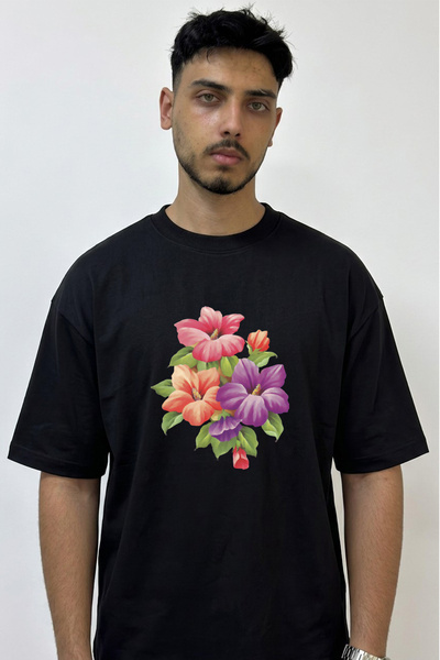 Anetos Hibiscus Flower Design Printed Oversize Black T-Shirt