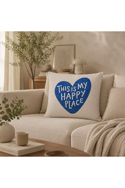 Piloji Happy Place Blue Heart Patterned Decorative Throw Pillow Cover 43X43 M...