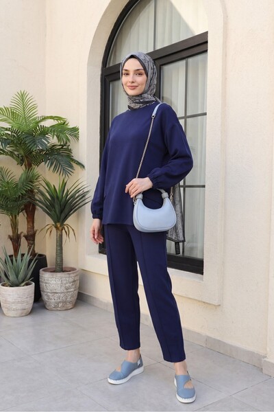 Modamorfo Long Back-Cut Crew Neck Top with Elasticated Sleeves and Trousers S...