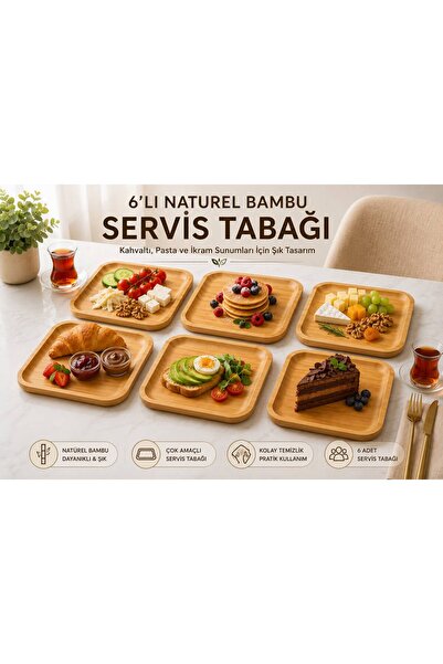 DİLAY HOME 6 Adet 22 x 22 cm Kare Bambu Servis Tabağı, Sunumluk