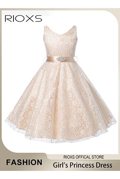 RIOXS Kids Girls Tulle Princess Dress, Elegant Lace Gowns Dress V Neck Sleeve...