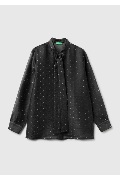 United Colors of Benetton Women's Black Lyocell Blended Long Sleeve Poplin Sh...