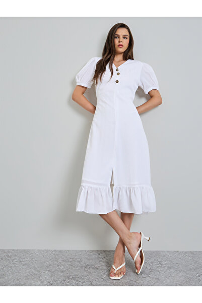 Maxim Creation By Styli White Puff Sleeves A-Line Midi Dress