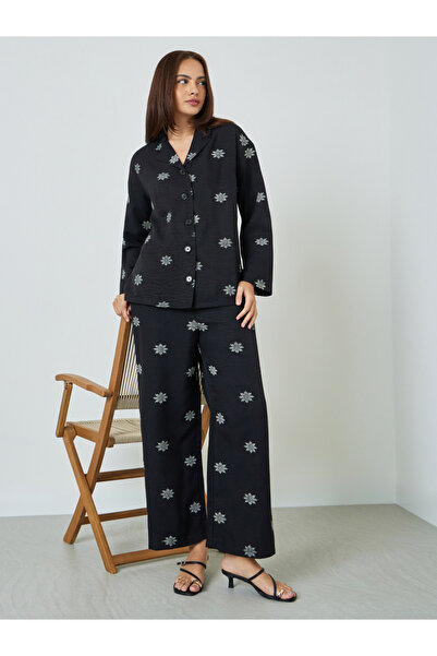 Amirah By Styli Black Floral Print Resort Collar Shirt and Pants Modest Set