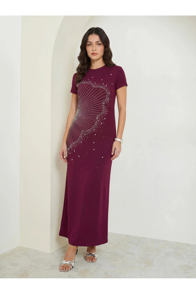 Styli Burgundy Embellished A-Line Maxi Dress
