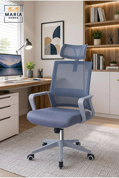 MARIA HOMES Blue Executive Mesh Office Chair with Adjustable Headrest, Ergono...