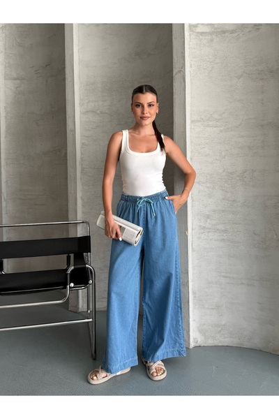 Mudcosıo Women's Wide Leg High Waist Tencel Summer Jeans with Elastic Waistband