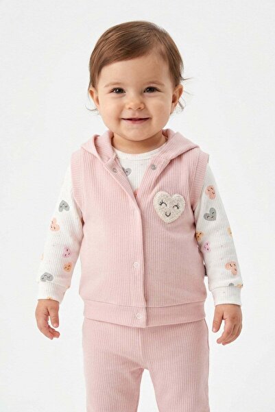 dinamik çocuk Baby Girl 3-Piece Hooded Vest Set Heart Embroidered Ribbed Body...