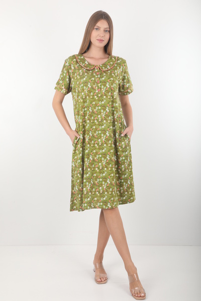Wild Love Women's Green Crispy Patterned Baby Collar Pocket Cotton Plus Size ...