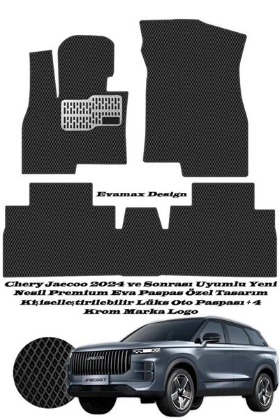 Evamax Design Chery Jaecoo 2024 ve Sonrası Uyumlu Yeni Nesil Premium Eva Paspas Özel Tasarım Kişiselleştirilebilir Lüks Oto Paspası + 4 Krom Marka Logo