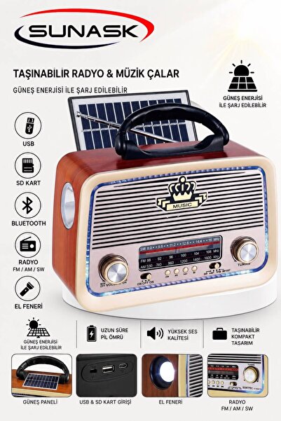 SUNASK Güneş Enerjili Bluetooth Radyo USB SD Kart Destekli Ledli El Fenerli T...