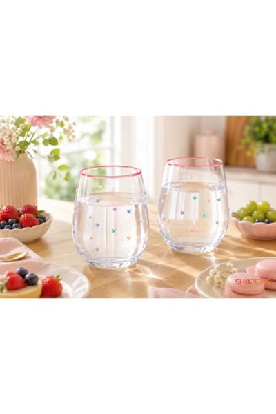 SHOPIENS Set de 2 pahare din sticlă transparentă cu inimi în relief colorate,...