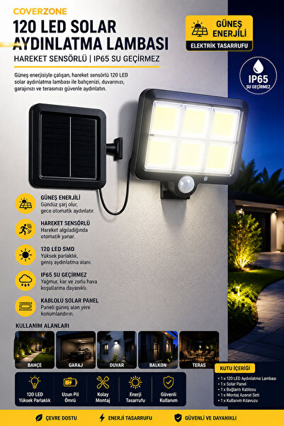 Coverzone Güneş Enerjili Sensörlü 120 LED Solar Aydınlatma Lambası Hareket Se...