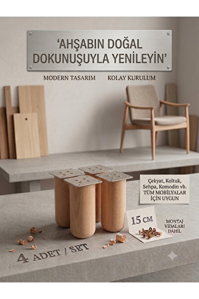 LEGORA WOOD DESİNG Set de 4 picioare de mobilier din lemn boem de 15 cm, comp...
