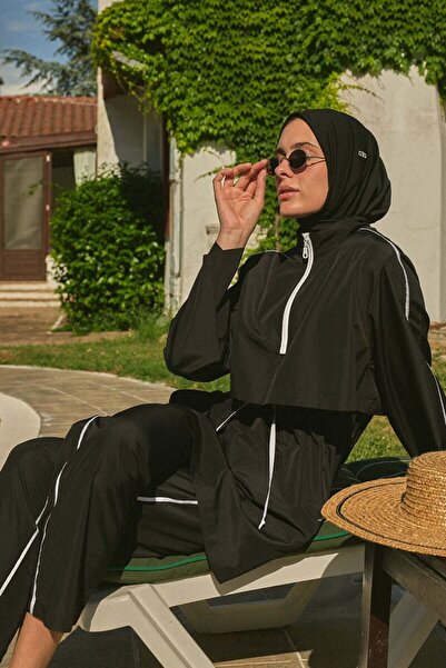 Ceylan Otantik Siyah Biyeli Kapalı Tesettür Mayo - Bone Takım