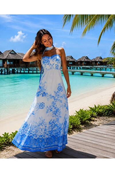 sunfyre Women's Linen Dress with Tie-Straps and Patterned Inner Lining
