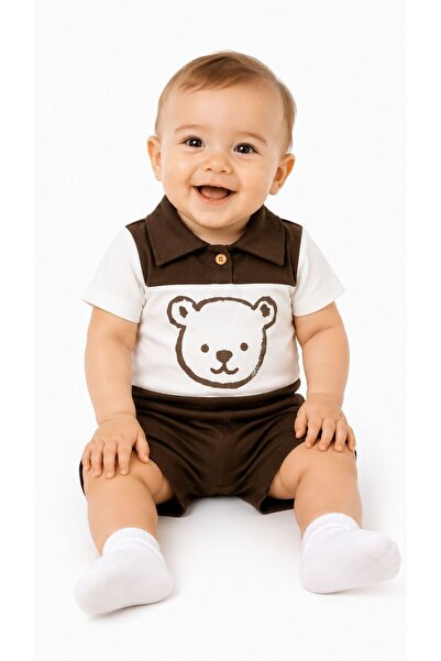 Oz Baby Baby Boy Cotton Polo Collar Teddy Bear Printed Shorts Summer Set 2-Pi...