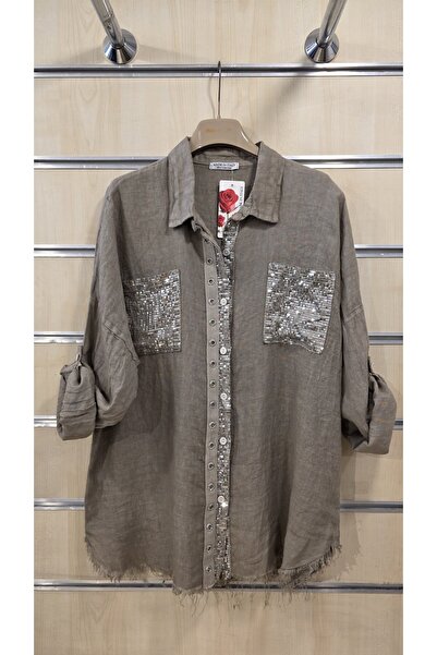 Park Moda Italian Linen Shirt with Sequin Pocket Detail, Oversized Cut