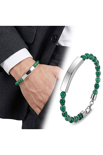 OGHAMAY Green Agate White Name-Engraved and Adjustable Steel Chain Bracelet 1...