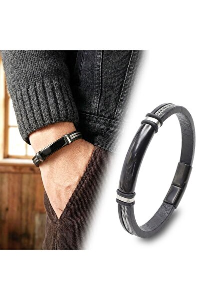 OGHAMAY Name Engravable Steel Wire Leather and Black Titanium Lock Bracelet 1...