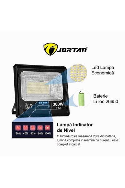 Jortan ®   Proiector LED solar de 300W, de exterior IP66, Panou solar extern, Telecomandă, Lumină alb rece