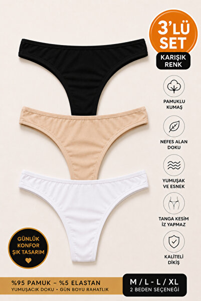 Meyzz Premium Kadın Düşük Bel Tanga Külot %95 Pamuk Yumuşak Dokulu Günlük Rahat String 3'Lü