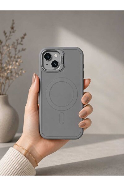 Case I PHONE 13 Gri Deri Detaylı Standlı Kılıf