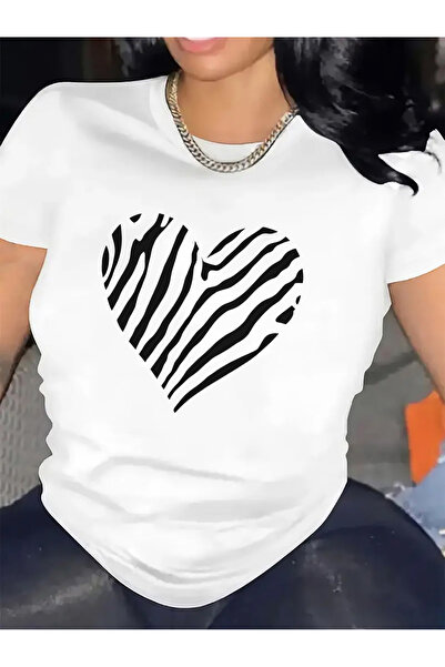 1001 Line تي شيرت نسائي بأكمام قصيرة بتصميم قلب بنقشة الحمار الوحشي، قماش قطن...