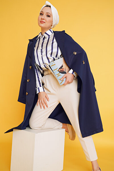 Merterium Women's Double-Breasted Collar Hijab Trench Coat Navy Blue 1210