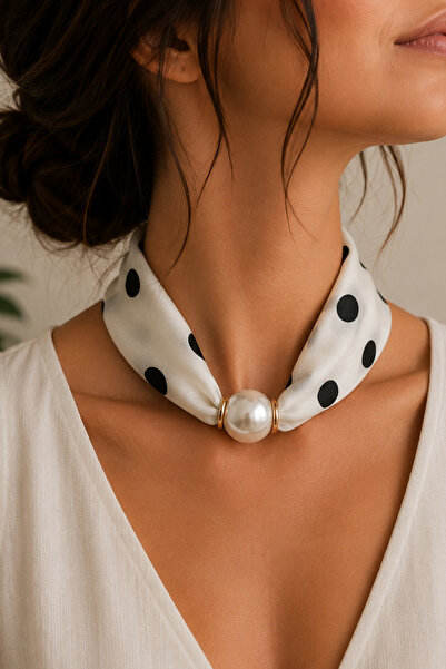 Modex Black Polka Dots on White Pearl Detail Front Closure Satin Scarf Neckla...