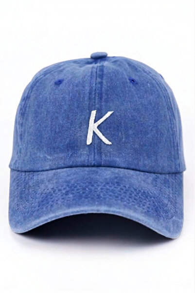 ŞapkaMania Letter K Saks Blue Embroidered Washable Vintage Unisex Hat