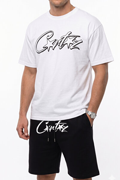 EFFRENATU Men's T-Shirt Shorts Set White Grintz Logo Tag Star Print Oversized