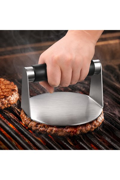 VEXORA GLOBAL Stainless Steel Burger Press 14 X 14 Cm, Smash Burger Smasher, Hamburger Patty Smasher with Black Silicone Handle, Round Meat Press, Patty Shaper for Grill and Griddle