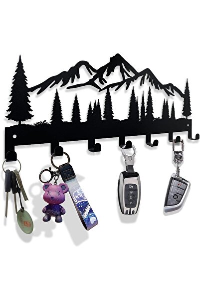 Slasa Mountain Acrylic Key Holder Wall Mount with 7 Hooks, Black, 30 x 13 cm