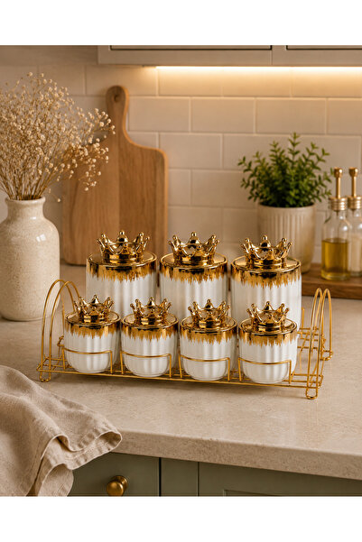 CEZVE HOME Crown Lid Gold Porcelain Spice Set 7-Piece Set Storage Jar with Stand