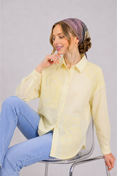 GLOW MUSE Asimetrik Nakışlı Düğmeli Tül Vual Tunik -Sarı