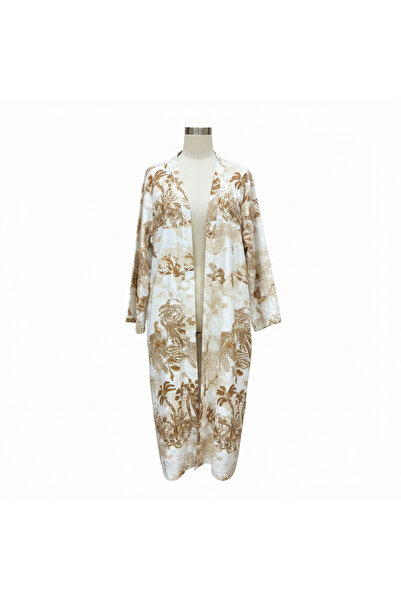 Generic SHEIN CURVE Women's White & Brown Tropical Print Long Kimono